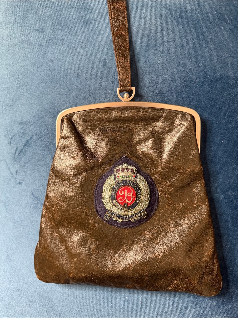 Balenciaga Brown Leather Wristlet Bag with Crest Patch